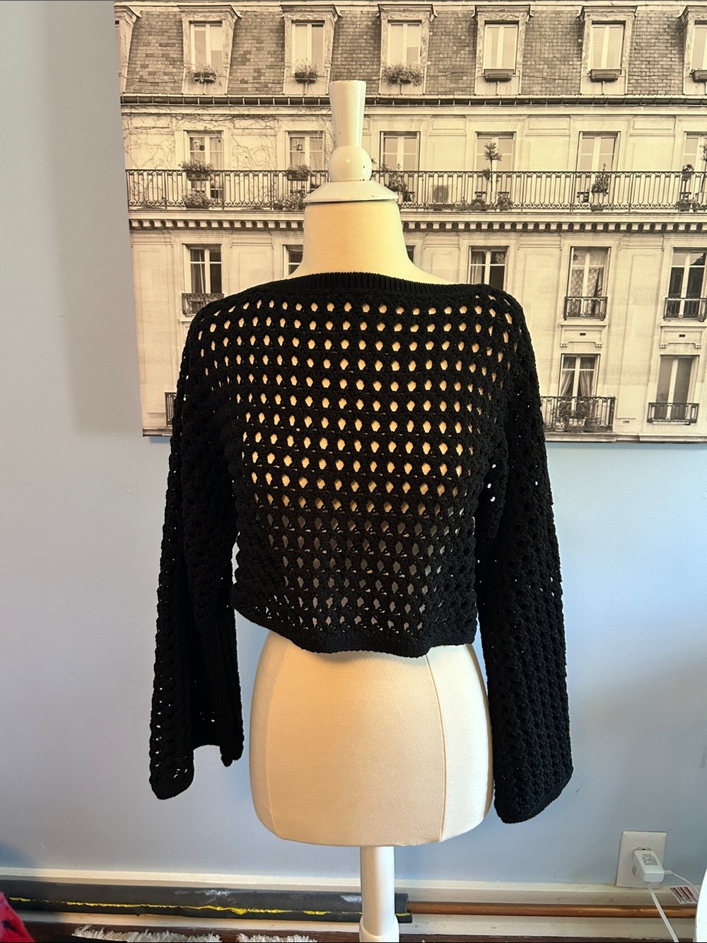 Banana Republic Black Open-Knit Cropped Crewneck Sweater